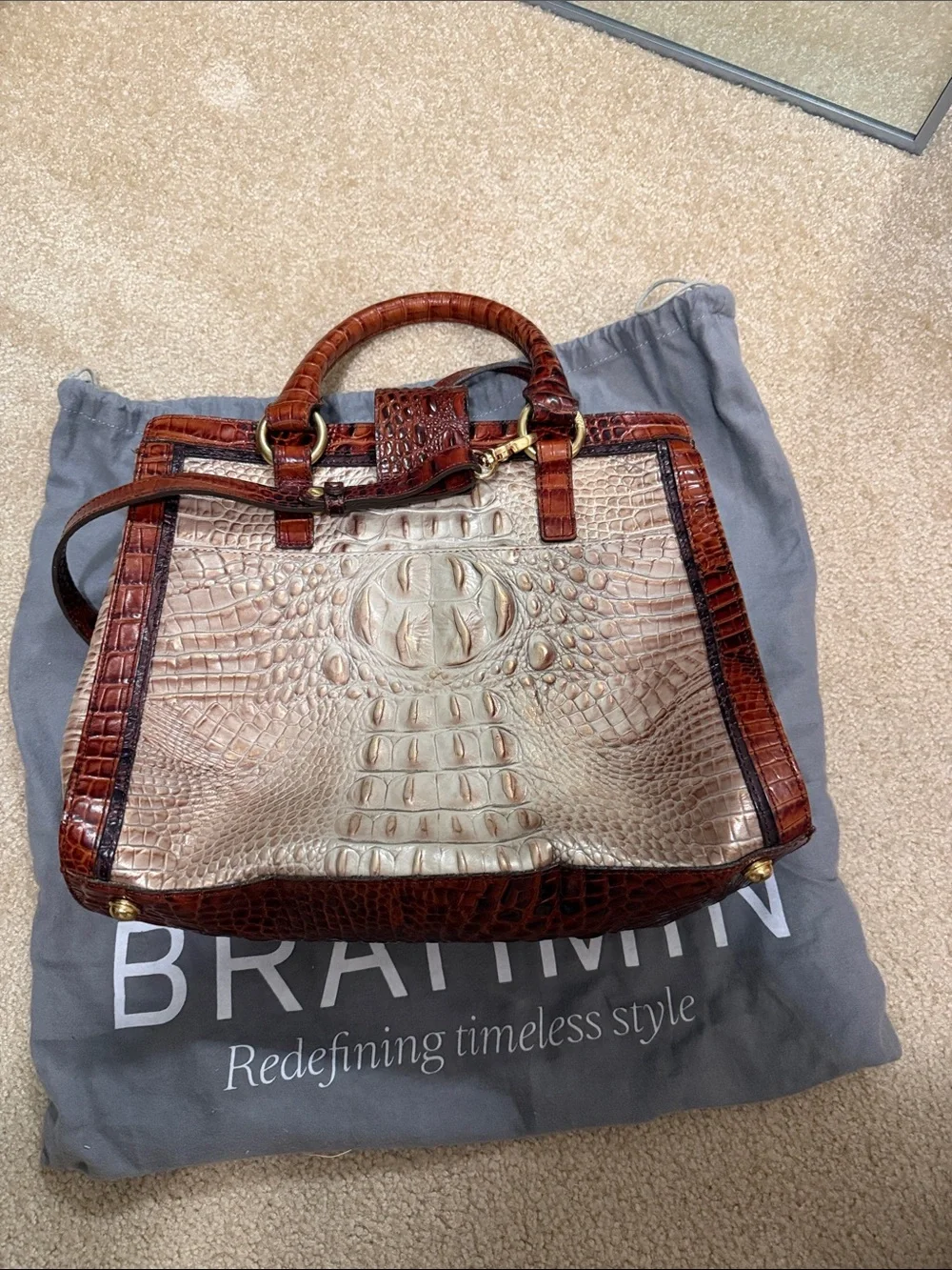 Brahmin Two-Tone Croc-Embossed Satchel in Chestnut Brown and Cream
